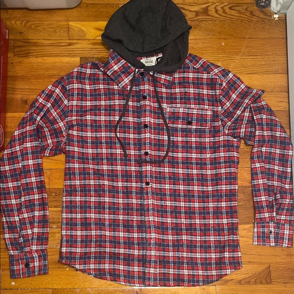 🌴⭐️ Hedge Red and Blue Flannel Shirt with Charcoal Hood
